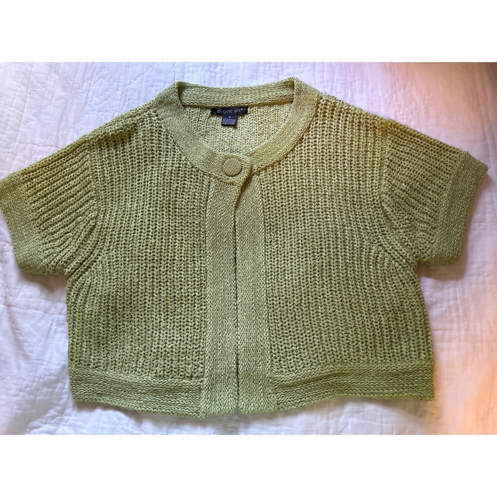 August Silk Green Cropped Short Sleeve Open Knit Cardigan Sweater M
